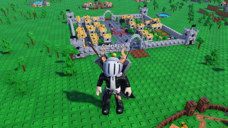 Roblox Tiny Empires Avatar Wearing Silver Helmet Black Clothes Two Giant Swords On Back Standing Near Walled City