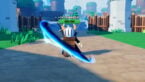 Roblox Ultimate Lootopia Avatar Wearing Silver Helmet Wooden Armor Two Giant Swords On Back Swinging Blue Lightning Sword On Path Leading To Stone Bridge