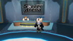 Roblox Ultimate Soccer Arena Avatar Wearing Silver Helmet Black Clothes Two Giant Swords Standing Near Commentator Desk With Two Npcs