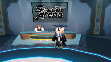 Roblox Ultimate Soccer Arena Avatar Wearing Silver Helmet Black Clothes Two Giant Swords Standing Near Commentator Desk With Two Npcs