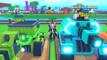 Roblox Unbox Your Tank Avatar Wearing Silver Helmet Black Clothes Standing Between Green Acid Rare Tank And Blue Electric Cannon Tank