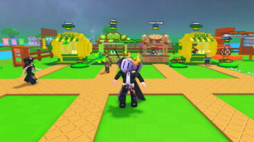 Roblox Unbox A Boba Stand Avatar Wearing Silver Helmet Black Clothes Two Giant Swords On Back Standing Before Differnet Boba Stands And Npcs