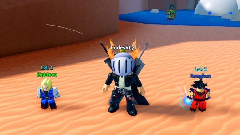 Roblox Zero To Hero Avatar Wearing Silver Helmet Black Clothes Two Giant Swords On Back Standing In Desert Near Girl Npc Eighteen And Guy Npc Kongkun