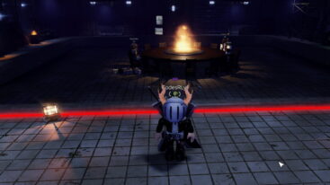Roblox Betrayed Avatar Wearing Silver Helmet Black Clothes Two Giant Swords On Back Standing Before A Red Line With A Table Surrounded By People Behind