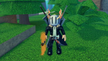 Roblox Adventure Guild Battles Avatar Wearing Silver Helmet Black Clothes Two Giant Swords On Back Holding A Dusty Axe Near Grass And Trees