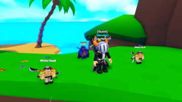 Roblox Anime Clicker Avatar Wearing Silver Helmet Black Clothes Near Three Little Npcs Two Rare White Headf And A Legendary Kaidoi Near Beach And Palm Tree