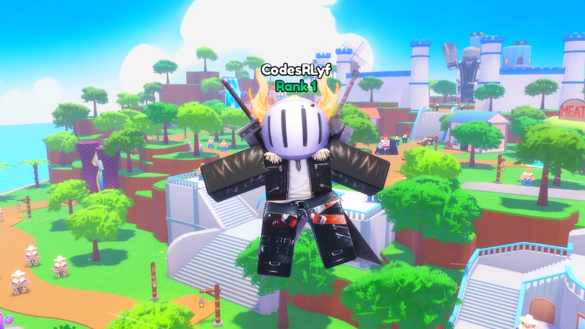 Anime Finals Codes Upd 1 5 July 2026 Try Hard Guides Roblox Anime Finals Avatar Wearing Silver Helmet Black Clothes Starfishing In Mid Air With A White Castle Steps Trees And Enemies Below 