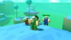 Roblox Anime Leveling A Three Eyes Avatar Wearing Green Clothes Standing On Blue Land Near Three Npcs Behind