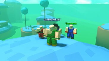 Roblox Anime Leveling A Three Eyes Avatar Wearing Green Clothes Standing On Blue Land Near Three Npcs Behind
