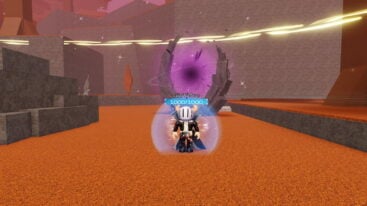 Roblox Arcane Arena Avatar Wearing Silver Helmet Black Clothes Two Giant Swords On Back Encased In A Blue Bubble Near A Dark Portal