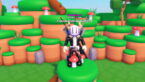 Roblox Ascension Incremental Avatar Wearing Silver Helmet Black Clothes Two Giant Swords On Back Standing On Grassy Boulder With Mushrooms