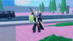 Roblox Boba Store Tycoon Avatar Wearing Silver Helmet Black Clothes Two Giant Swords On Back Holding An Apple Green Boba Tree Standing On Pink Blossom Petals