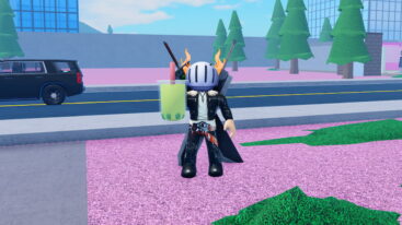 Roblox Boba Store Tycoon Avatar Wearing Silver Helmet Black Clothes Two Giant Swords On Back Holding An Apple Green Boba Tree Standing On Pink Blossom Petals