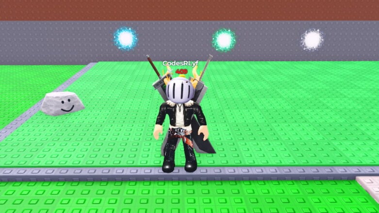 Roblox Brainrot Card Battles Avatar Wearing Silver Helmet Black Clothes Two Giant Swords On Back Standing On Grass With Three Different Colored Portals Behind Blue Green White