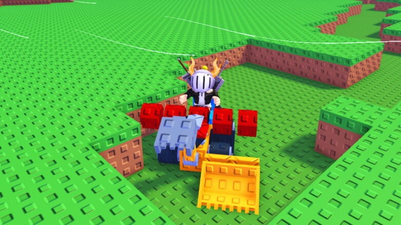 Roblox Build A Digger Avatar Wearing Silver Helmet Black Clothes Two Giant Swords On Back Driving A Digger With Red Fuel Cans