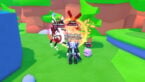 Roblox Clicking Simulator Ultimate Avatar Wearing Silver Helmet Black Clothes Two Giant Swords On Back Standing Near Sinz Dragon Xbow And A Bunny Pet