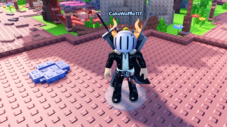 Roblox Currency Incremental Avatar Wearing Silver Helmet Black Clothes Two Giant Swords On Back Standing Near Giant Silver Coin