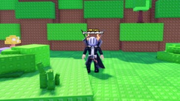 Roblox Dice Rolling Incremental Avatar Wearing Silver Helmet Black Clothes Two Giant Swords Standing On Grass