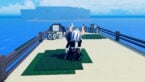 Roblox Dudung Universe Avatar Wearing Silver Helmet Black Clothes Two Giant Swords On Back Standing On Dock With Boxes