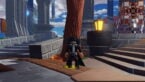 Roblox Dungeon Blast Avatar Wearing Silver Helmet Black Clothes Two Giant Swords On Back And Cat Gogles On Head Standing Before Tree And Lit Lantern 1