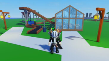 Roblox Gathering Tycoon 2 Avatar Wearing Silver Helmet Black Clothes Two Giant Swords On Back With Green House And Water Conveyer Behind