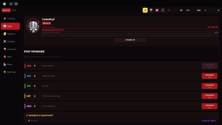 Roblox Ghoul Incremental Stat Upgrade Screen Showing Str Agi Vit Int Sen