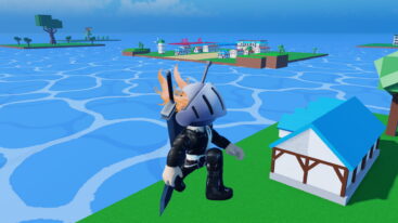 Roblox Jood Piece Avatar Wearing Silver Helmet Black Clothes Giant Swords On Back Jumping Sidewards Near Ocean And Blue House And Other Islands