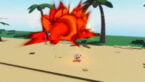 Roblox Jujutsu Randomizer Enemies Fighting On A Beach With Palm Trees A As Massive Red Explosion Happens