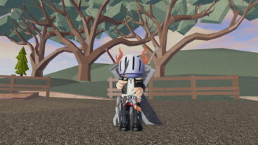 Roblox Knife Ability Test Avatar Wearing Silver Helmet Black Clothes Two Giant Swords On Back Holding Small Black Knife Standing Near Fence And Trees