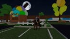 Roblox Live Town Rp Avatar Wearing Silver Helmet Black Clothes Two Giant Swords On Back Riding A Horse Next To A Ice Cream Shop With A Moon In The Night Sky