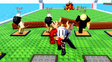 Roblox Merge Grandpiece Avatar Wearing Silver Helmet Black Clothes Two Giant Swords On Back With Red Aura Over Hands Standing Beforo Uso And Senji With Explosions In Background