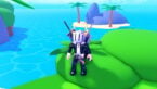 Roblox Merge Incremental Avatar Wearing Silver Helmet Black Clothes Two Giant Swords On Back Standing On Green Boulder Near Ocean And Small Island With Boulders And Palm Tree