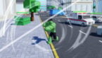 Roblox Muscle Transform Simulator A Green Muscle Avatar With Black Hair And Black Shorts Punching So Hard Wind Waves Appear On A Road With Grene Dumpster And Ambulance