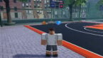 Roblox Nba Champions Basketball Avatar Brown Hair White T Shirt Blue Shorts Standing Near A Basketball Court
