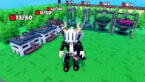 Roblox Oil Empire Avatar Wearing Silver Helmet Black Clothes Two Giant Swords Standing Near Drills And Refinerys