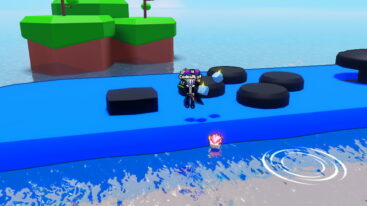 Roblox Pet Cart Breaker Avatar Wearing Silver Helmet Black Clothes Jumping Off A Blue Platform Into Water