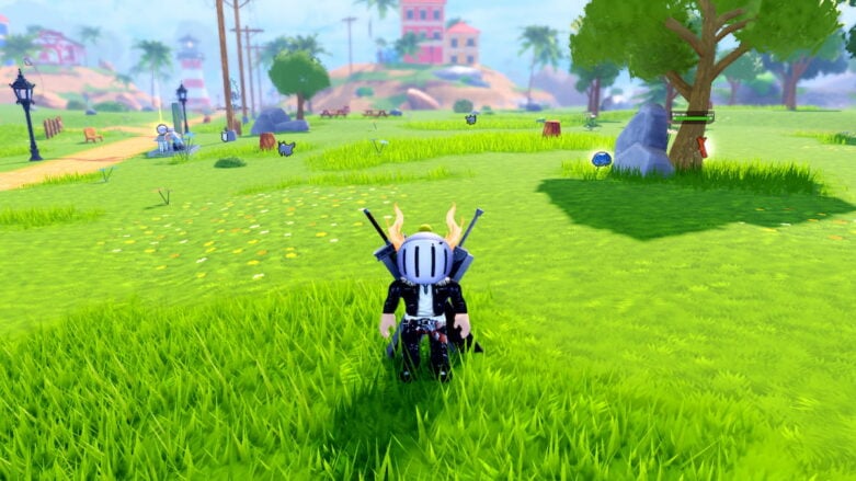 Roblox Pet Fighters Avatar Wearing Silver Helmet Black Clothes Two Giant Swords On Back Standing In A Field Of Grass With Roaming Animals