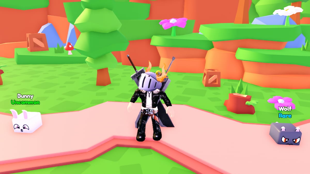 Rebirth Mania Codes Void June 2026 Try Hard Guides Roblox Rebirth Mania Avatar Wearing Silver Helmet Black Clothes Two Giant Swords On Back Standing On Forest Path With An Uncommon Bunny And Rare Wolf 