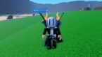 Roblox Red Vs Blue Tycoon Avatar Wearing Silver Helmet Black Clothes Two Giant Swords On Back Standing On Green Field With Blue Building In Background