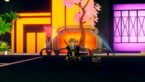 Roblox Rider Defenders Avatar Wearing Silver Helmet Black Clothes Two Giant Swords On Back In A Neon City With Pink Blossom Tree Behind