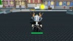 Roblox Robong Megabonk Avatar Wearing Silver Helmet Black Clothes Two Giant Swords On Back With A Gun Above Head Firing Yellow Balls And A Green Health Bar Below Avatar In A Very Lego Like Village