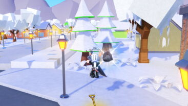 Roblox Shovel It Avatar Wearing Silver Helmet Black Clothes Two Giant Swords Floating Rock Nearby Holding A Shovel With White Snow Everywhere