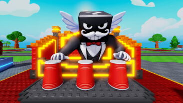 Roblox Shuffle A Brainrot A Square Diced Headed Brainrot In A Tuxedo About To Shuffle Three Red Cups