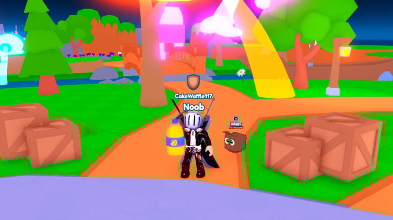 Roblox Soda Simulator Avatar Wearing Silver Helmet Black Clothes Two Giant Swords On Back Holding A Yellow Soda Bottle With Blue Label Next To Wooden Boxes And Trees