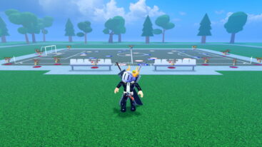 Roblox Stadium Simulator 2 Avatar Wearing Silver Helmet Black Clothes Two Giant Swords With A Football Soccer Field Behind