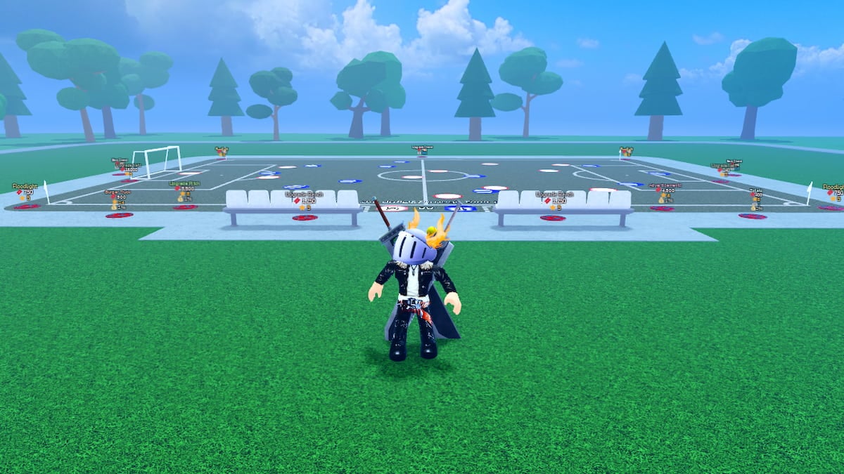 Stadium Simulator 2 Codes Update June 2026 Try Hard Guides Roblox Stadium Simulator 2 Avatar Wearing Silver Helmet Black Clothes Two Giant Swords With A Football Soccer Field Behind 