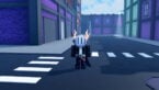 Roblox Street Brawlers Avatar Wearing Silver Helmet Black Clothes Two Giant Swords On Back Standing In Middle Of Road