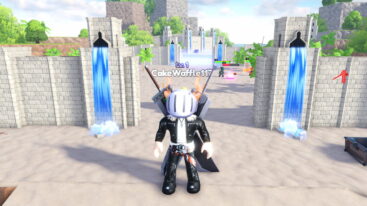 Roblox Summon Heroes Avatar Wearing Silver Helmet Black Clothes Two Giant Swords Standing Between Castle Wall With Waterfalll On Either Side