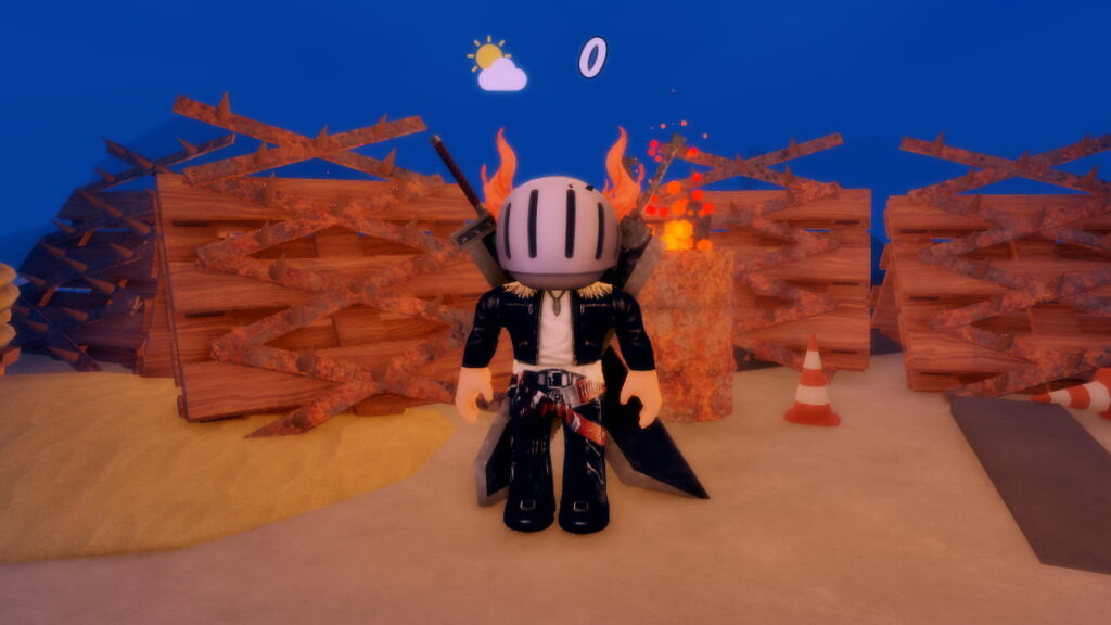 Roblox Sorcery Codes Free Test March 2026 Try Hard Guides Roblox Survive The Apocalypse Avatar Wearing Silver Helmet Black Clothes Two Giant Swords On Back Standing Near Rusty Metal Barrel With Fire Rusty Metal Spike Barricades And Wooden Pallets 1024x576 