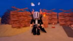 Roblox Survive The Apocalypse Avatar Wearing Silver Helmet Black Clothes Two Giant Swords On Back Standing Near Rusty Metal Barrel With Fire Rusty Metal Spike Barricades And Wooden Pallets